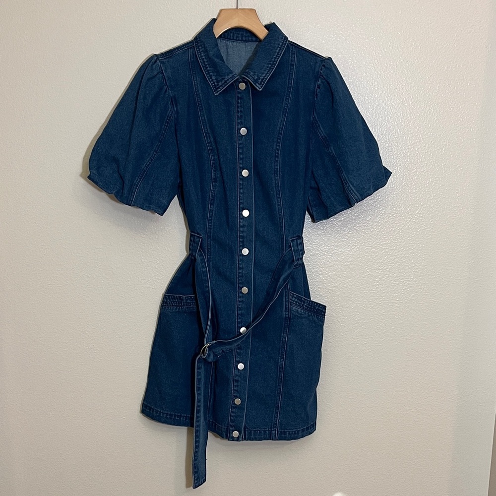 Blue Denim Button-Up Dress with Belt
